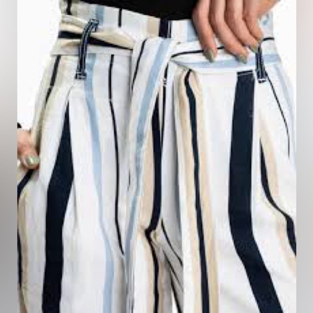 Sincerely Jules Linen Blend Striped Wide Leg Paper Bag Tie Waist Y2K Sz M